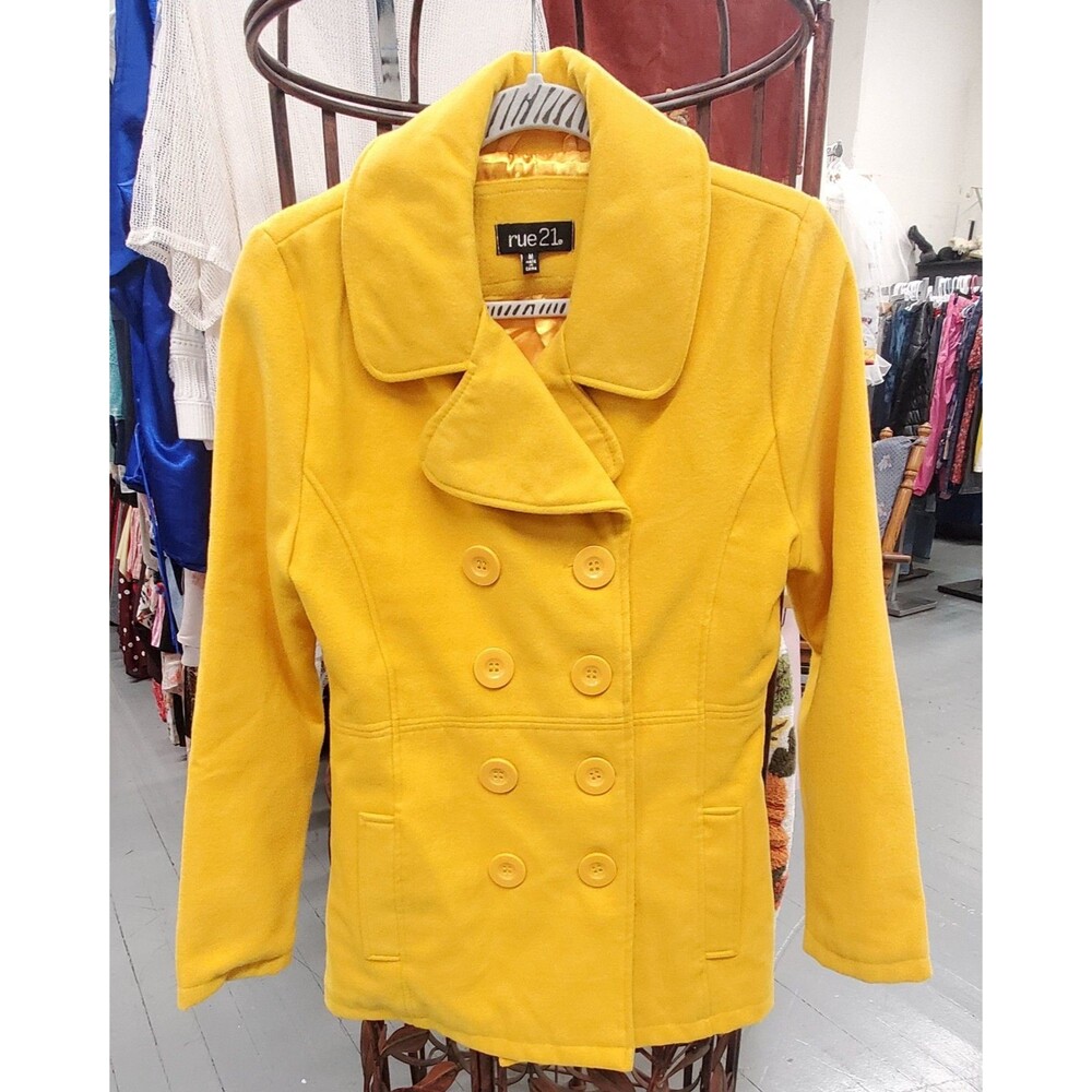 RUE 21 Pea Coat Wool Blend Yellow Double Breasted Size Medium 8-Button Dandelion